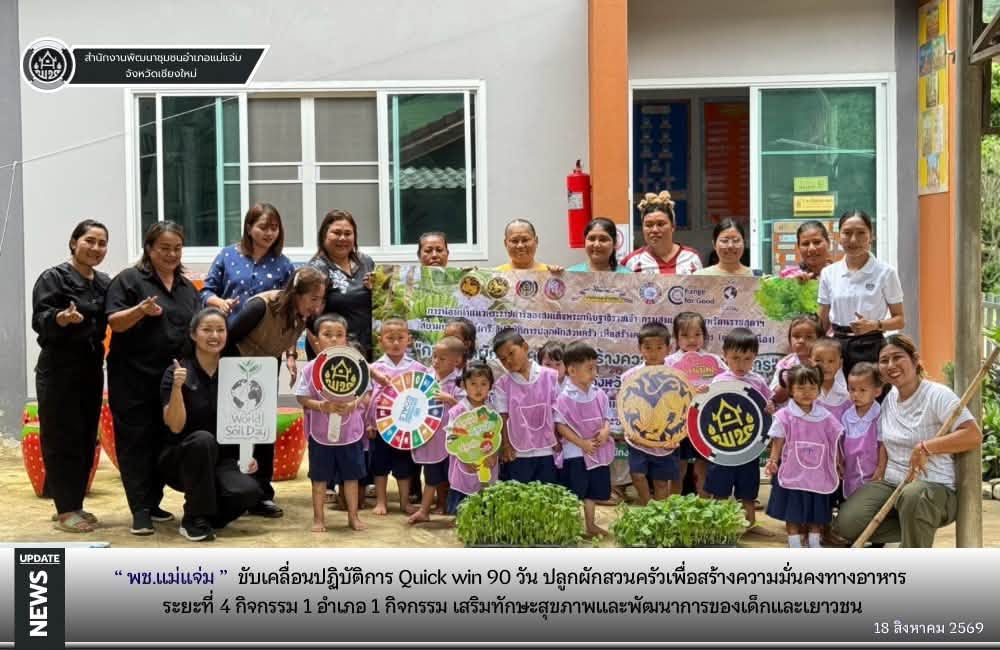 พช.แม่แจ่ม ขับเคลื่อนปฏิบัติการ Quick win 90 วัน ปลูกผักสวนครัวเพื่อสร้างความมั่นคงทางอาหาร ระยะที่ 4 กิจกรรม 1 อำเภอ 1 กิจกรรม เสริมทักษะสุขภาพและพัฒนาการของเด็กและเยาวชน 
